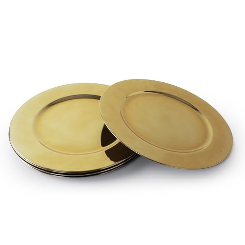 Rammento Lot de 6 grandes assiettes de chargement réutilisables en plastique doré métallique de 33 cm | Lot de 6 assiettes de chargement réutilisables en plastique dur pour mariages, chargeurs dorés |