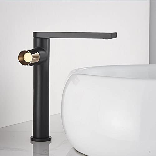 Robinet de lavabo haut noir et or rose à poignée ronde pour un réglage eau chaude et froide