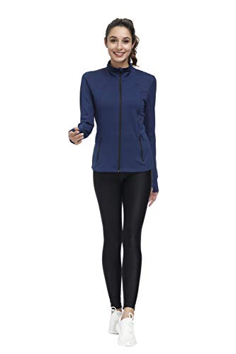 Dolcevida Women’s Lightweight Full Zip Active Wear Workout Yoga Track Jackets Athletic Running Jacket Top with Zip Pockets and Thumb Holes (Navy, M)
