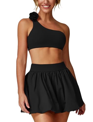 ABOCIW Womens 2 Piece Bubble Tennis Skirt One Shoulder Sports Bra Athletic Set Summer Pickleball Workout Golf Outfits