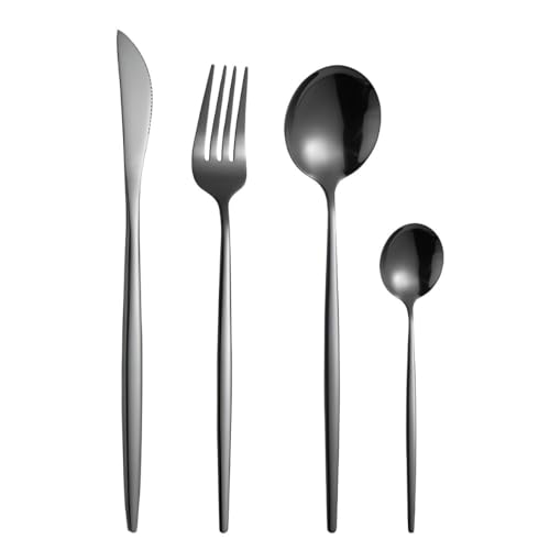 Image of 4 pcs Flatware Set, Black Silverware Set for 1, Knife Fork Spoon, Stainless Steel Home Dinnerware Tableware,Mixed Cutlery Set Eating Utensils for Restaurants (4 Pcs Black)