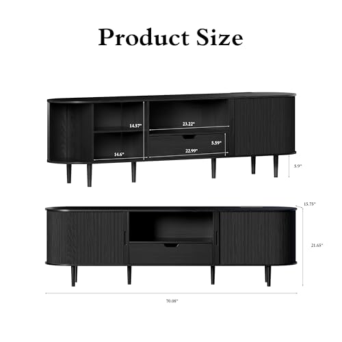 Image of DHH 71 inch Fluted TV Stand with Power Outlet for TVs up to 80 inch, TV Console with Adjustable Shelves and Sliding Door,Mid Century Modern Entertainment Center for Living Room,Bedroom(Black)