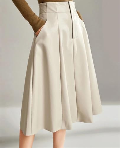 Women High Waist Faux Leather Knee Length A Line Skirt Winter Elegant Office Midi Skirt Streetwear2