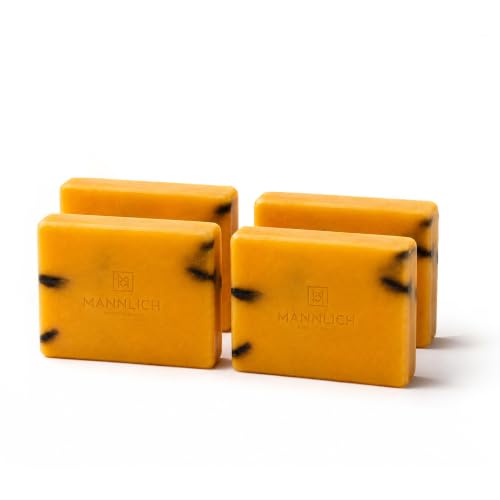 Image of Mannlich 2% Kojic Acid Exfoliating Soap with Alpha Arbutin, Glycolic Acid, Niacinamide & Activated Charcoal | For Pigmentation, Dark Spots, Tan Removal, Brightens Underarms | pH Balanced, SLS Free, Dermatologically Tested | 75 g (Pack of 4)