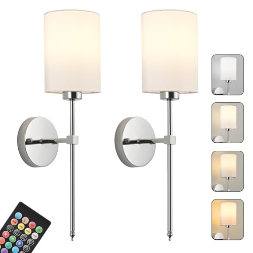 Image of Battery Operated Wall Sconces Set of Two,Wireless Rechargeable Wall Light With Remote Control, Dimmable, Amber Light /Warm White /Natural White /Daylight /RGB,Timer,for Living Room,Bedroom,Entryway,Chrome