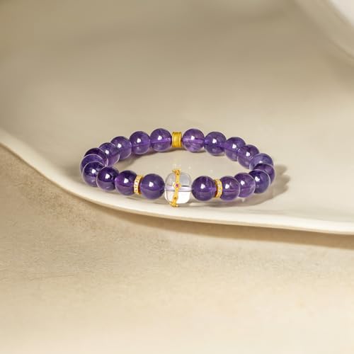 Sterling Silver Bracelets Amethyst Beaded Bracelets Cubic Zircon Bracelet Natural Gemstone Stretch Bracelet Crystal Jewelry for Women Mom Lover Birthday Aniversary 6.7inch/17cm3
