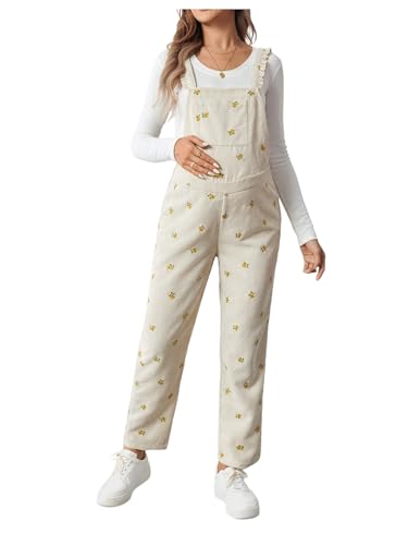 OYOANGLE Women's Maternity Floral Bib Overalls Frill Trim Sleeveless Jumpsuits