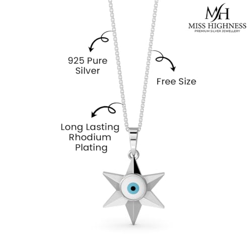 Image of Miss Highness 925 Sterling Silver Pendant for Women | Evil Eye Pendant with Chain | Certified Pure Silver Jewellery | Office Wear Necklace | Gift for Wife, Girlfriend, Birthday & Anniversary