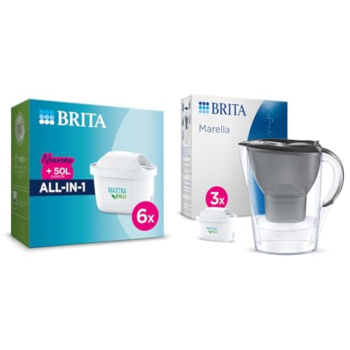 BRITA Cartouche Filtre Eau Robinet MAXTRA PRO All-in-1 - Pack de 6 pour recharge & Carafe Filtrante BRITA Marella Graphite (2,4l) incl 3 cartouches filtre eau robinet MAXTRA PRO All-in-1 réduit PFAS*