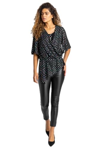 Image of Roman Women Foil Spot Print Top and Necklace - Ladies Autumn Everyday Summer Holiday V-Neckline Comfy Short Sleeve Soft Asymmetric Hem Cami Shirt Chiffon Blouses - Black - Size 18