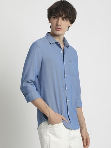 Image of The Bear House Men's Blue Solid Spread Collar Shirt with Brand Logo on Patch Pocket