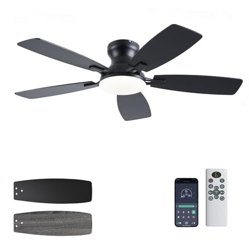 Image of JSAITEE Ceiling Fans with Lights, 42 Inch Low Profile Ceiling Fan with Light and Remote Control, Flush Mount, DC Reversible Motor, Noiseless, Black 6 Speeds Ceiling Fan for Bedroom