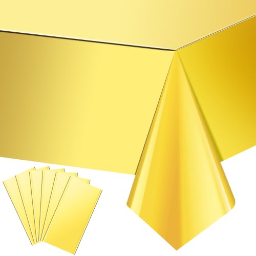 Image of 6 Pack Gold Plastic Tablecloth, Disposable Rectangle Table Covers, Holographic Metallic Foil Tablecloth Gold Party Supplies Decorations for Birthday Graduation Anniversary Bachelorette, 54x108Inch