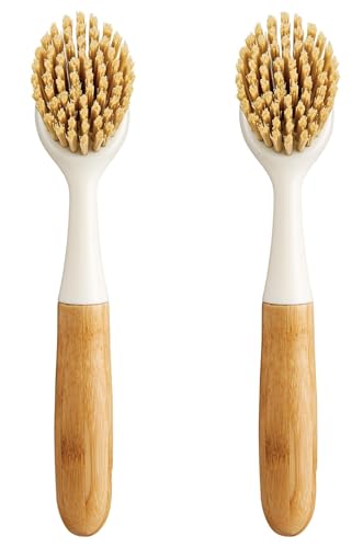 Image of HIC Kitchen Dish Scrubbing Brush, Bamboo with Non-Scratch Bristles, Set of 2