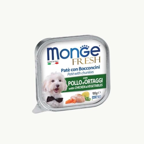 Monge Fresh fruit umido per cani di tutte le taglie con frutta, gusto POLLO con ORTAGGI | 6 vaschette da 100 grammi l'una.