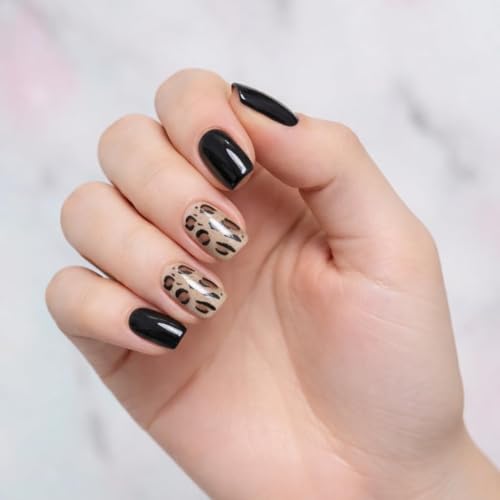 Image of 24 Pcs Reusable Artificial Nails Fake Nails with Glue and Kit|Wild Black Luxe Animal Print Pop Press On Nails | ABS Material UV Protected Long Lasting Finish | Reusable Customizable Nail Kit |Medium Square Nails