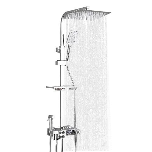 Thermostatic Shower Mixer Set,Home Smart Digital Display Shower Set - Large Rainfall Head, Temp/Time Display,5 Mode,Shower Column is Height Adjustable (Silver Constant Temperature Digital Display)