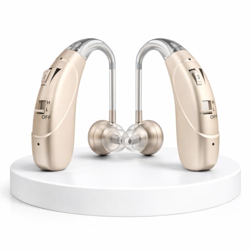 Image of Rechargeable Digital BTE Hearing Aid for Old Age with Type-C Charging for Severe to Profound Hearing Loss - Volume Control | Noise Reduction | Comfort Fit for Adults & Seniors (6 Month Warranty) (Rose Gold, For Both Ear)