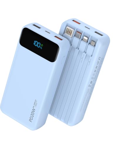 Nusyddy Portable Charger 20000mAh with 4 Built-in Cables & 6 Outputs Blue
