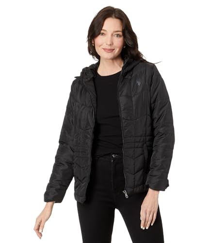 U.S. POLO ASSN. Zigzag Wave Cozy Faux Fur Lining Hooded Quilted Puffer