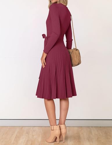 ZESICA Women's Fall Long Sleeve Wrap V Neck Ribbed Knit Pleated A Line Pullover Sweater Dress with Belt4