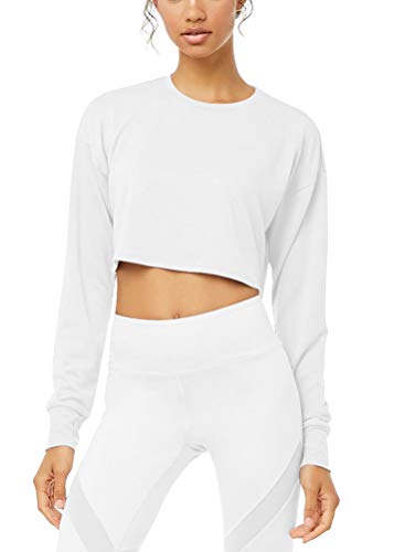 Mippo Long Sleeve Crop Tops for Women Workout Sweatshirt Long Sleeve Athletic T Shirt Yoga Pilates Tops Gymshark Shirts Athletic Exercise Running Tops White L