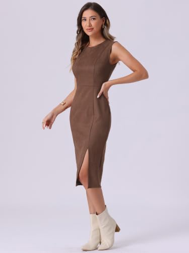 Image of Allegra K Faux Suede Dresses for Women's Sleeveless Crewneck Split Hem Work Office Sheath Dress