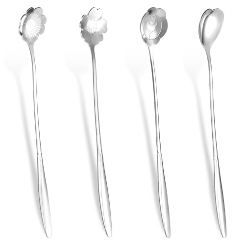 4 Pcs Silver Flower Spoon Coffee Teaspoon 7'' Creative Flower