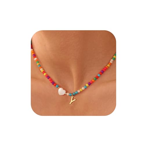 Ursteel Initial Necklaces for Women - Beaded Choker Colorful Necklace for Women, Personalized Handmade Letter Y Choker Heart Necklace Jewelry for Women Gifts