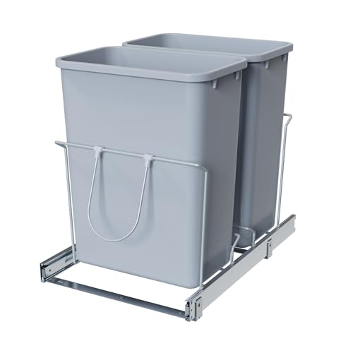 Double Pull-Out Trash Can, 35QT Under-Cabinet Kitchen Bin, Metal Frame, Grey, Fits Above 18” Opening Cabinets