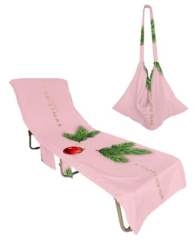 Pink Christmas Beach Lounge Chair Towel Cover, Soft Chaise Lounge Towel with Side Pockets Patio Pool Chairs Cover for Beach/Pool Sunbathing 29x85 Xmas Pine Needles Red Christmas Balls