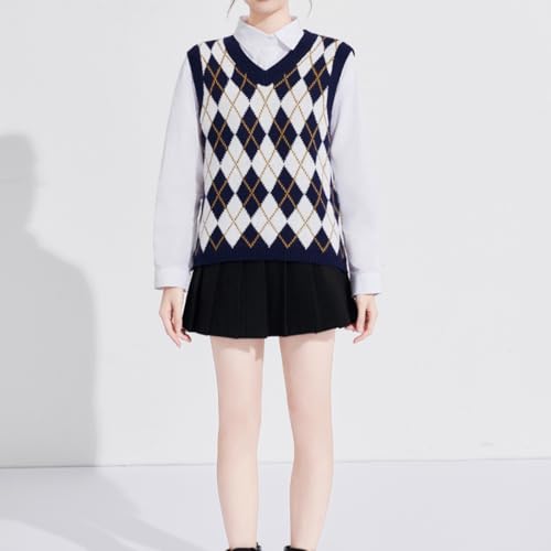 Image of Sweater Vest Women,Sleeveless V Neck Argyle Plaid Long Preppy Loose Knitted Casual School Sweaters Tank Top