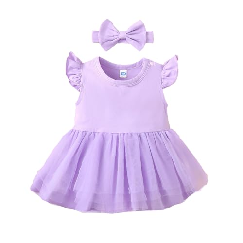 Magic Park 0-18M Infant Bodysuit Tutu Dress Baby Girl Romper Dress Toddler Solid Color Tulle Skirt Baptism Holidays Outfits (Purple, 6 Months)
