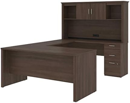 Bestar Logan U or L-Shaped Executive Office Desk with Pedestal and Hutch in Antigua, 66W
