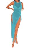 Women's Sexy Mesh Sheer Drawstring Swimsuit Cover Ups Long Beach High Split See Through Dress