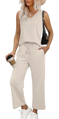 WIHOLL 2 Piece Sets for Women Travel Essentials Dressy Lounge Wear Summer V Neck Matching Sets Wide...