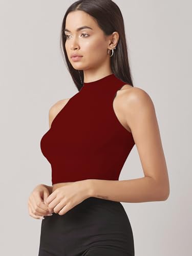 Image of Sugathari Women's & Girls' Solid Ribbed High Neck Sleeveless Crop Tops for Women (Top 37)