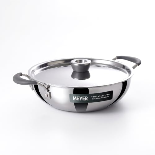 Image of Meyer Trivantage Pro Stainless Steel Triply Kadai | Steel Kadhai with Lid | Stainless Steel Cookware with Induction Base | 26cm /3.8L