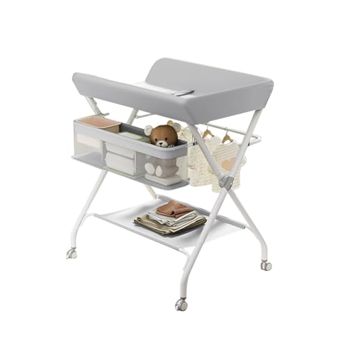 Salutmeuble Table à Langer Pliante avec Panier De Rangement à Côté Structure en Fer Charge Max 25KG,Design Ergonomique,Table à Langer et Baignoire 2 en 1 pour bébé, De la Naissance à 12 Mois-Gris