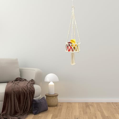 Cesta colgante de frutas en algodon beige y madera para cocina 7
