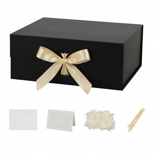 Caja de regalo grande Negro con tapa 32x28x13,5 cm, caja para regalo Empaque cumpleaños, caja de zapatos al por mayor, Navidad Incluye relleno de papel triturado, tarjeta de sobre y cinta