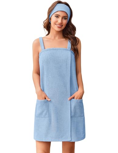 Ekouaer Towel Wrap for Women Spa Bath Robe Lightweight Terry Cloth Wrap Adjustable Shower Robe with Headband S-XL