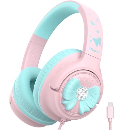 Image of iClever C371 USB C Headphones for Kids, 85dBA Safe Sound, Over-Ear Foldable Kids Headphones with Cord, Boys Girls Toddler Headphones for School Travel Chromebook Tablet iPad, Cloud Pink