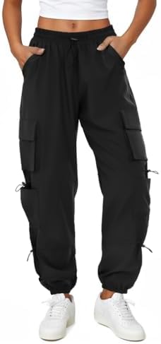 COPYLEAF Womens Parachute Cargo Pants with Pockets Quick Dry Hiking Pants Lightweight Water-Resistant Baggy Joggers(Black M)