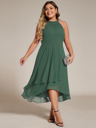 Image of Ever-Pretty Plus Women's Sleeveless Halter A Line Pleated High Low Plus Size Wedding Guest Cocktail Dresses 31926-DA