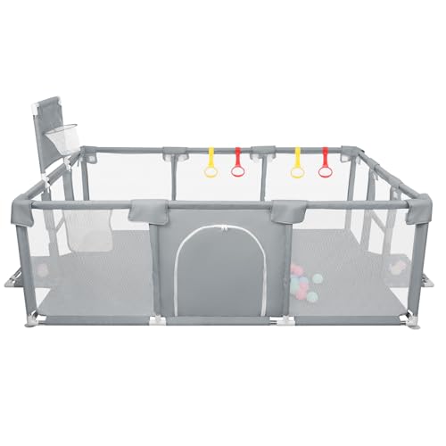 Parc Bebe,XXL Pliable Parc Modulable Bébé Avec Barrieres/Filets/Balle Océanique/4 poignées,Playpen extra grand pour bébés et tout-petits,parc enfant,180 * 120 * 66 cm-gris foncé