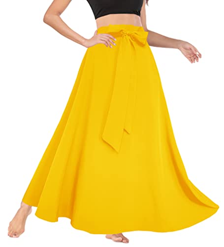 Afibi Women's High Waist Skirt Tie Front A-Line Flowy Long Maxi Skirts With Pockets (Small, Yellow) #TOP16