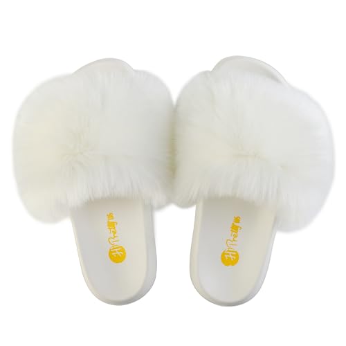 Image of Women's Faux Fur Slides, Open Toe Cute Fur Slippers, Indoor or Outdoor Comfortable Furry Slide Sandals With Fluffy Fur
