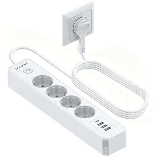 Steckdosenleiste Flachstecker USB C 4 Fach Mehrfachsteckdose Steckerleiste mit Schalter 4 USB Steckdosenleiste Wandmontage Überspannungsschutz Mehrfachstecker Verteilersteckdose 2M Kabel Weiß
