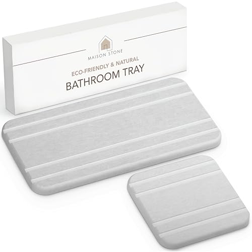 Maison Stone Bathroom Tray w/Bonus Vanity Tray. Absorbent Multipurpose 8x4 Countertop. Perfume. Kitchen Soap. Time Saving Bathroom Counter.